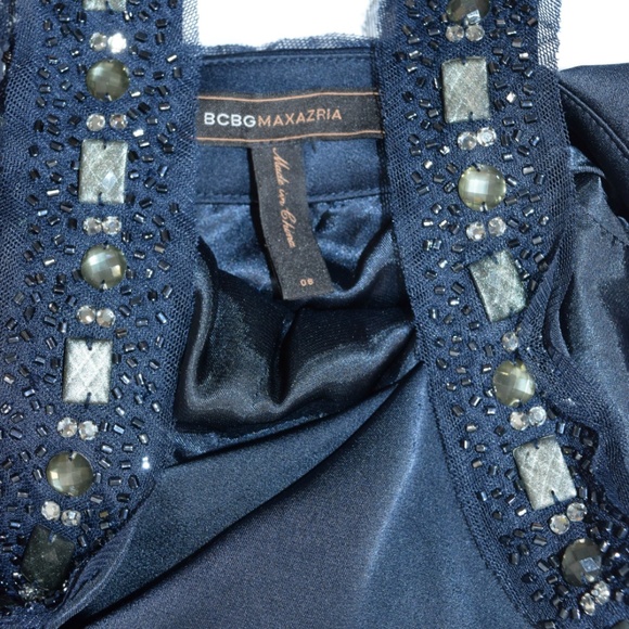 BCBG Deep Blue Draped Beaded A-line Formal Gown - Picture 5 of 8